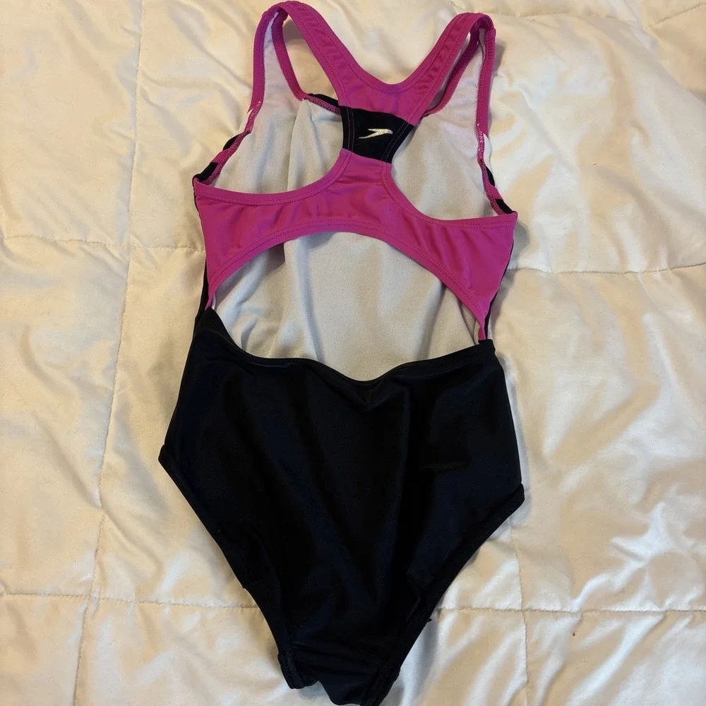 Speedo Girls Youth Infinity Splice 1 Piece Swimsuit Black Pink 10 7142026